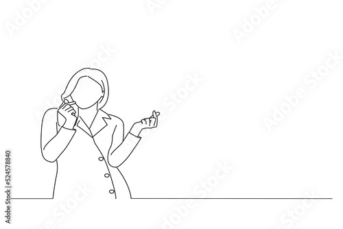 Drawing of young asian woman showing mini heart sign speading love and happiness. Oneline art drawing style