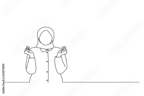 Cartoon of smiling young asian muslim business woman showing finger hearts. One line art