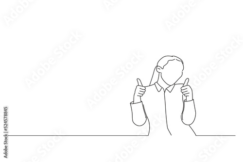 Cartoon of happy beautiful business woman showing thumb up symbol by two hands. Oneline art drawing style