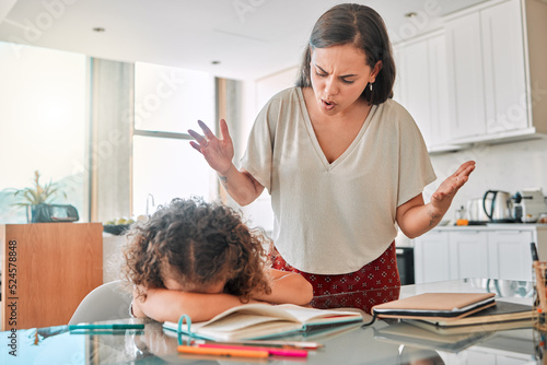 Autism, frustrated and bad mental health behavior by child and frustrated mother during homework. Annoyed, abuse parent angry with crying child suffering from ADHD and hiding, afraid and depressed photo