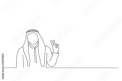 Drawing of arab businessman wearing thawb and kufiya doing victory sign number two. Outline drawing style art