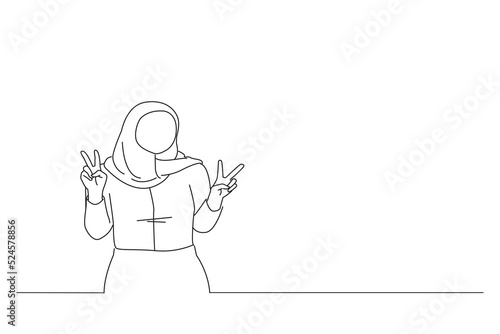 Drawing of smiling young asian muslim woman showing peace sign with fingers. One line art