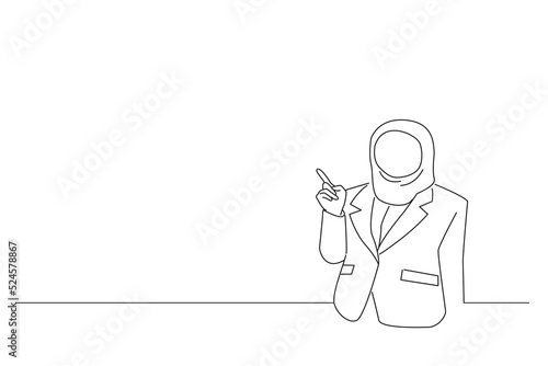 Cartoon of beautiful young asian muslim businesswoman pointing finger to empty space. Oneline art drawing style