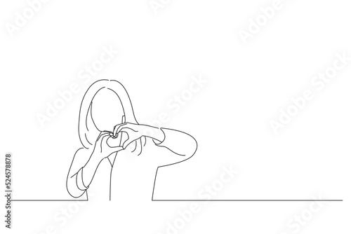 Illustration of beautiful business woman smiling in love showing heart symbol and shape with hands. Oneline art drawing style