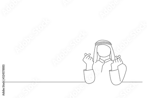 Illustration of arab businessman showing korean finger hearts express sympathy or like. Outline drawing style art