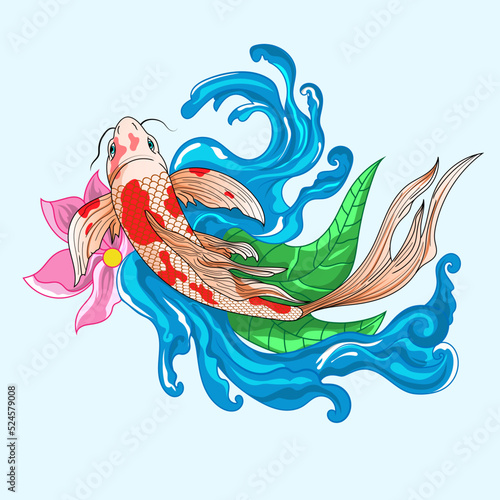 hand drawn koi fish, tropical japanese flowers vector illustration.Colorful Koi carp with Water splash,lotus and peony flower. Print for t-shirt graphic and other uses.