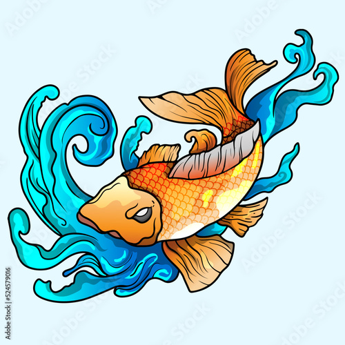 hand drawn koi fish, tropical japanese flowers vector illustration.Colorful Koi carp with Water splash,lotus and peony flower. Print for t-shirt graphic and other uses.