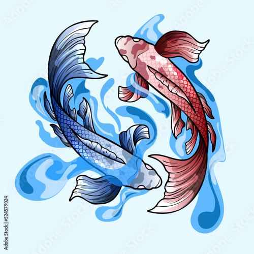 hand drawn koi fish, tropical japanese flowers vector illustration.Colorful Koi carp with Water splash,lotus and peony flower. Print for t-shirt graphic and other uses.