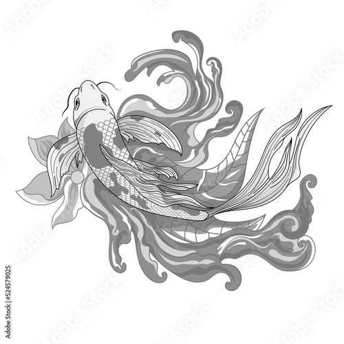 hand drawn koi fish with flower tattoo for Arm. Japanese tattoo and illustration for coloring book.Asian traditional tattoo design. Koi carp with Water splash
