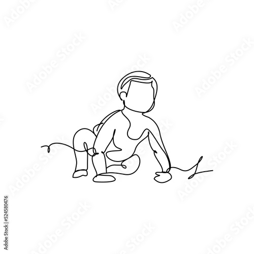 Baby boy sit and will crawl drawn with continuous one line. Minimalist style vector illustration in white background.