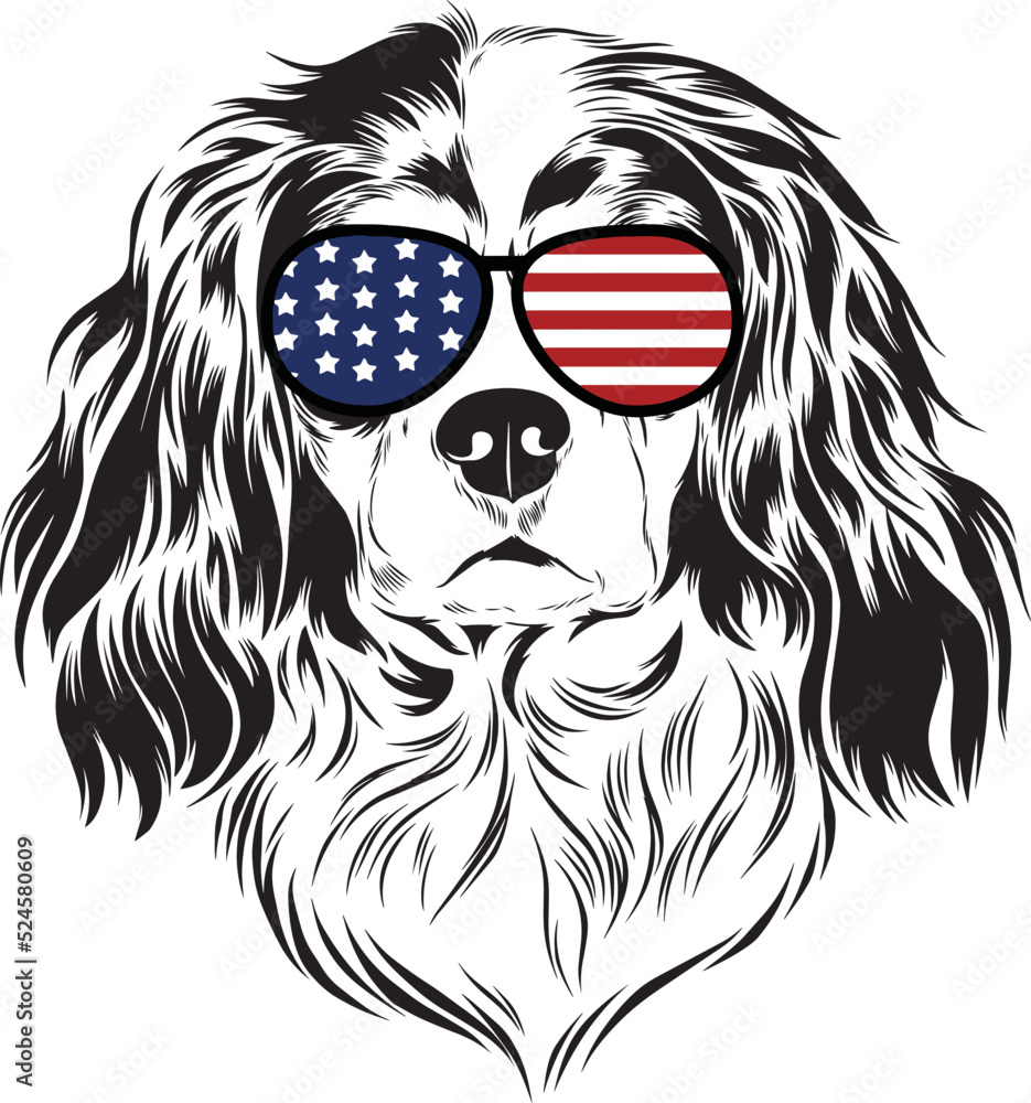Fototapeta premium Cavalier King Charles Spaniel Dog vector eps , Dog in Bandana, sunglasses, Fourth , 4th July vector eps, Patriotic, USA Dog, Cricut Silhouette Cut File