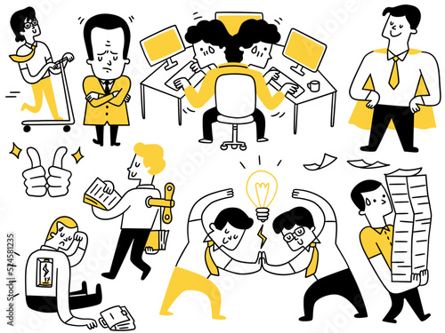 Cute character illustration of businessman in various poses and activities. Business concept in very busy, serious thinking, low battery, wind-up key in the back, hard working, super hero. © jesadaphorn
