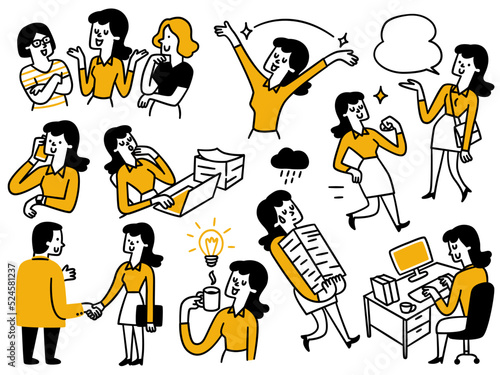 Cute character illustration of businessman in various poses and activities. Business concept in very busy, speaking, presenting, hard working, working at office. Doodle style, hand drawn sketch.