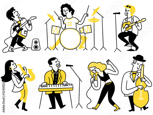 Cute character illustration doodle set of musicians performing on stage with various instruments. Drummer, guitar, digital piano, saxophone, double bass, singer, diversity. Outline, thin line art.