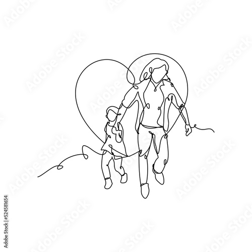 A mother runs with his daughter drawn with continuous one line. Minimalist style vector illustration in white background.