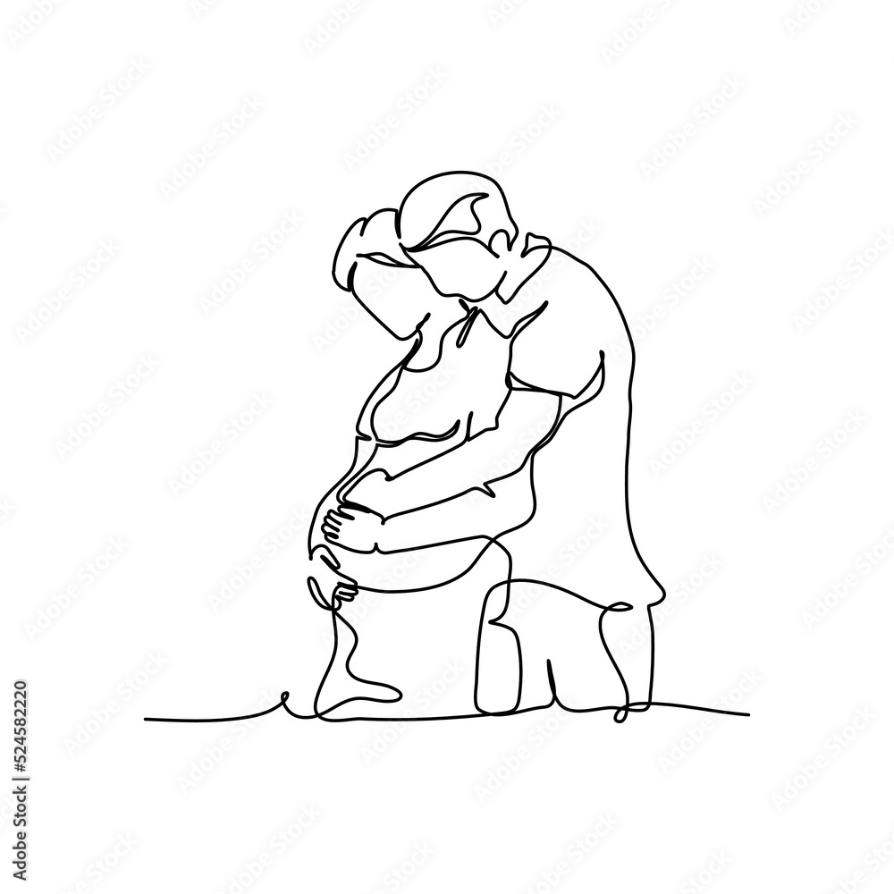 One line continuous of a husband love hugs his pregnant wife. Minimalist style vector illustration in white background. One line continuous of a husband love hugs his pregnant wife. Minimalist style vector illustration in white background.