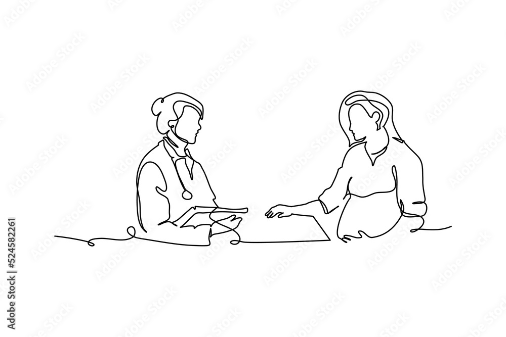 One continuous line of a pregnant women consult doctor. Minimalist style vector illustration in white background. One continuous line of a pregnant women consult doctor. Minimalist style vector illustration in white background.