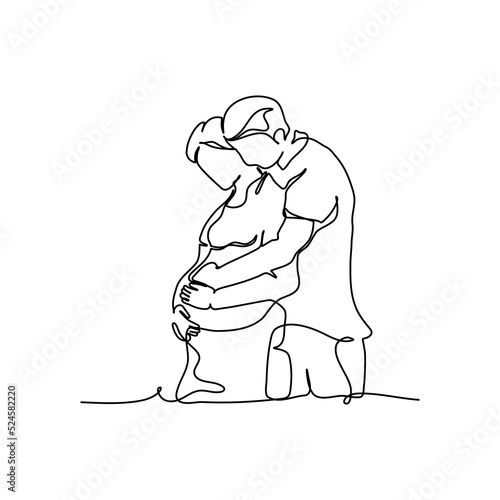 One line continuous of a husband love hugs his pregnant wife. Minimalist style vector illustration in white background.