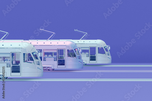 3d hologram bullet train, purple and pink sky train transport on pastel purple background. High speed rail transport advertising concept. 3d render. Global fast higher railway train
