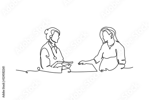 One continuous line of a pregnant women consult doctor. Minimalist style vector illustration in white background.