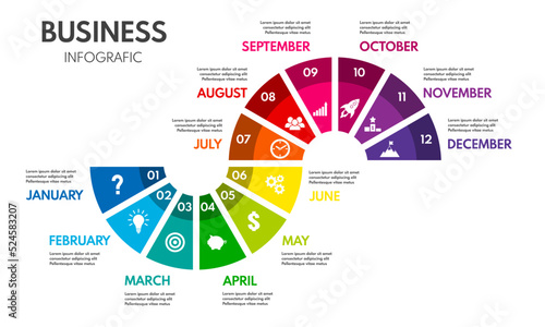 12 months or steps cycle diagram. Whole year strategy plan or project timeline. Colorful vector infographic template with business icons.