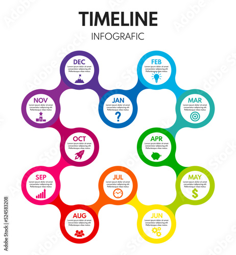 12 months or steps round diagram. Whole year life plan. Repeated cycle timeline. Business year colorful vector infographic with icons.