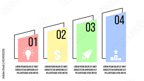 4 steps business process diagram. Four options vector infographics template. Strategy or marketing plan flow chart. Presentation layout with rise trend.