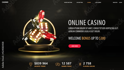 Black casino web banner with gold 3D dice with red and black realistic gambling stack of casino chips on gold podium with yellow neon ring on background