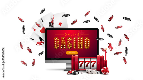 Monitor with red slot machine with jackpot, poker chips and playing cards isolated on white background