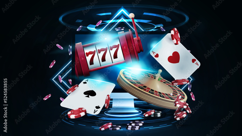 Obraz premium Online casino, banner with monitor, casino slot machine, Casino Roulette, playing cards and poker chips in dark scene with neon rhombus frames and hologram of digital rings