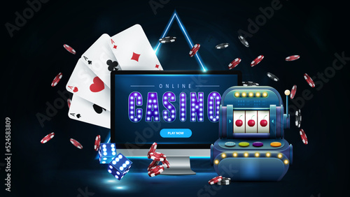 Online casino, banner with monitor, slot machine, poker chips and playing cards in dark scene with blue neon triangle border on background