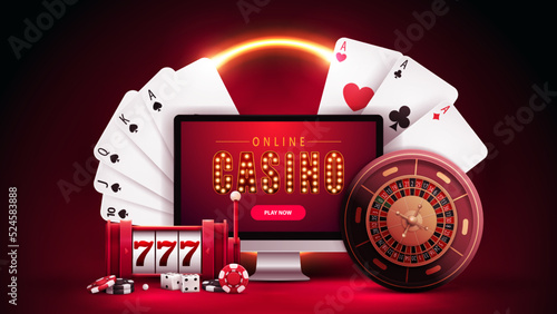 Online casino, red banner with monitor, slot machine, Casino Roulette, poker chips and playing cards in red scene with orange neon ring on background.