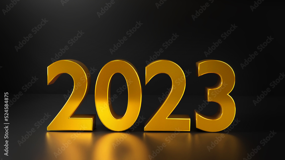 Happy new year 2023 golden color on black background. new year start ideas New year change. 3D rendering illustration Happy new year 2023 golden color on black background. new year start ideas New year change. 3D rendering illustration
