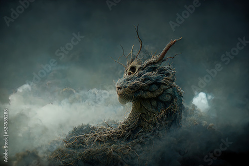 3D rendering of a cursed dragon turned into a tree. © backiris