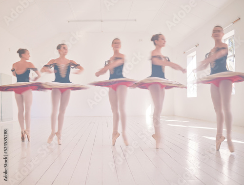 Ballet dancers, fitness and women training, learning and dancing at an open studio hall space. Healthy, workout and talented ballerina girls with energy, jumping and balance to master a creative art