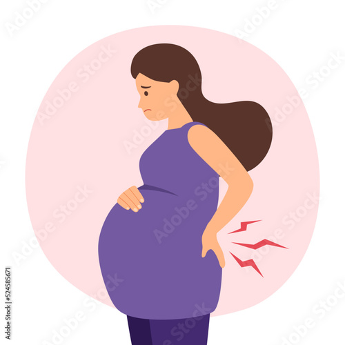 Pregnant woman having backache symptom in flat design. Tired pregnant with low back pain.