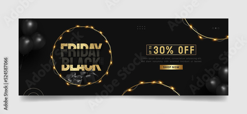 Black Friday Facebook cover  ad banner template  creative sale banners concept modern layout black background  gold text and fairy light