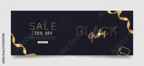 Black Friday Facebook cover, ad banner template, creative sale banners concept modern layout black background, gold text and ribbon