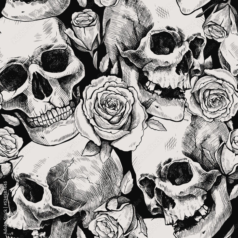 Seamless Pattern Of Hand Drawn Human Skulls And Rose Flowers. Vector 