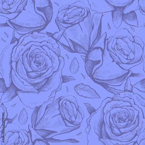 Purple seamless vector pattern of hand drawn roses.