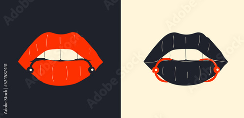 Lips piercing vector set   in cartoon style. All elements are isolated	