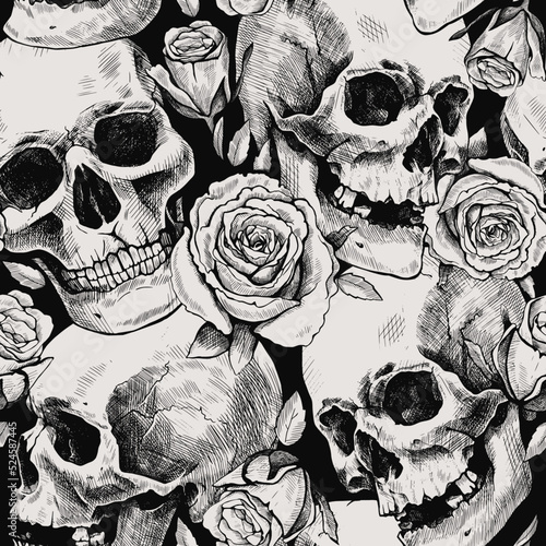 Seamless pattern of hand drawn human skulls and rose flowers. Vector graphic illustration.