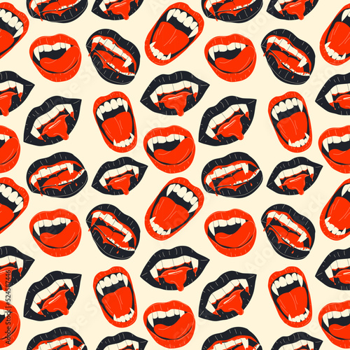 Vampire mouth with fangs Seamless pattern with doodles. Vector.Modern flat cartoon style.	 