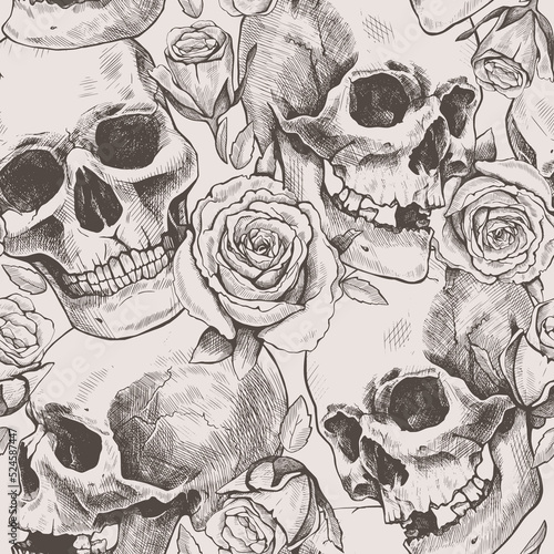 Seamless pattern of hand drawn human skulls and rose flowers. Vector graphic beige illustration.