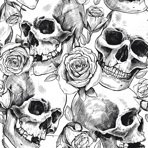 Seamless pattern of hand drawn human skulls and rose flowers. Vector graphic black and white illustration.