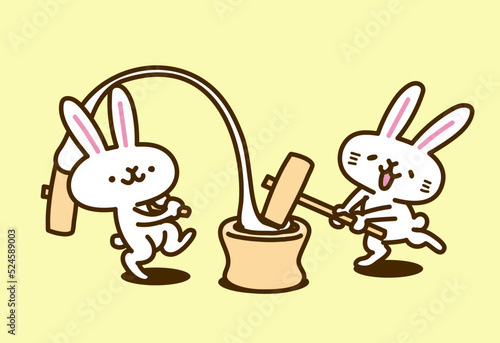 ウサギのキャラクターイラストシリーズ　「餅つき」