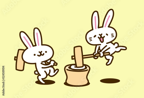 ウサギのキャラクターイラストシリーズ　「餅つき」