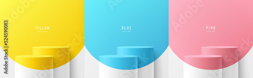 Set of white realistic 3d cylinder stand podium group with pastel yellow, blue and pink in curve shape background. Abstract vector rendering geometric forms. Mockup product display. Minimal scene.