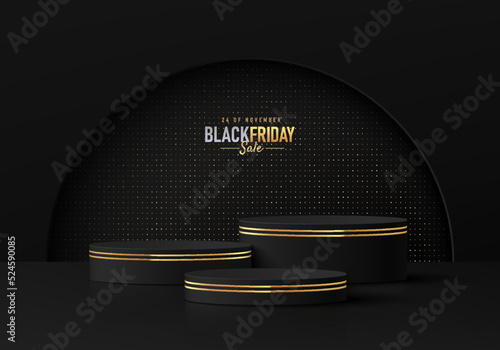 Abstract 3D background with realistic black cylinder podium set and golden glitter scene in semi circle window. Luxury black friday sale scene for product display. Vector geometric rendering platform.