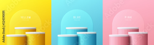 Set of yellow, blue, pink, white realistic 3d steps cylinder stand podium with arch shape background. Abstract vector rendering geometric forms. Minimal scene. Stage showcase, Mockup product display.